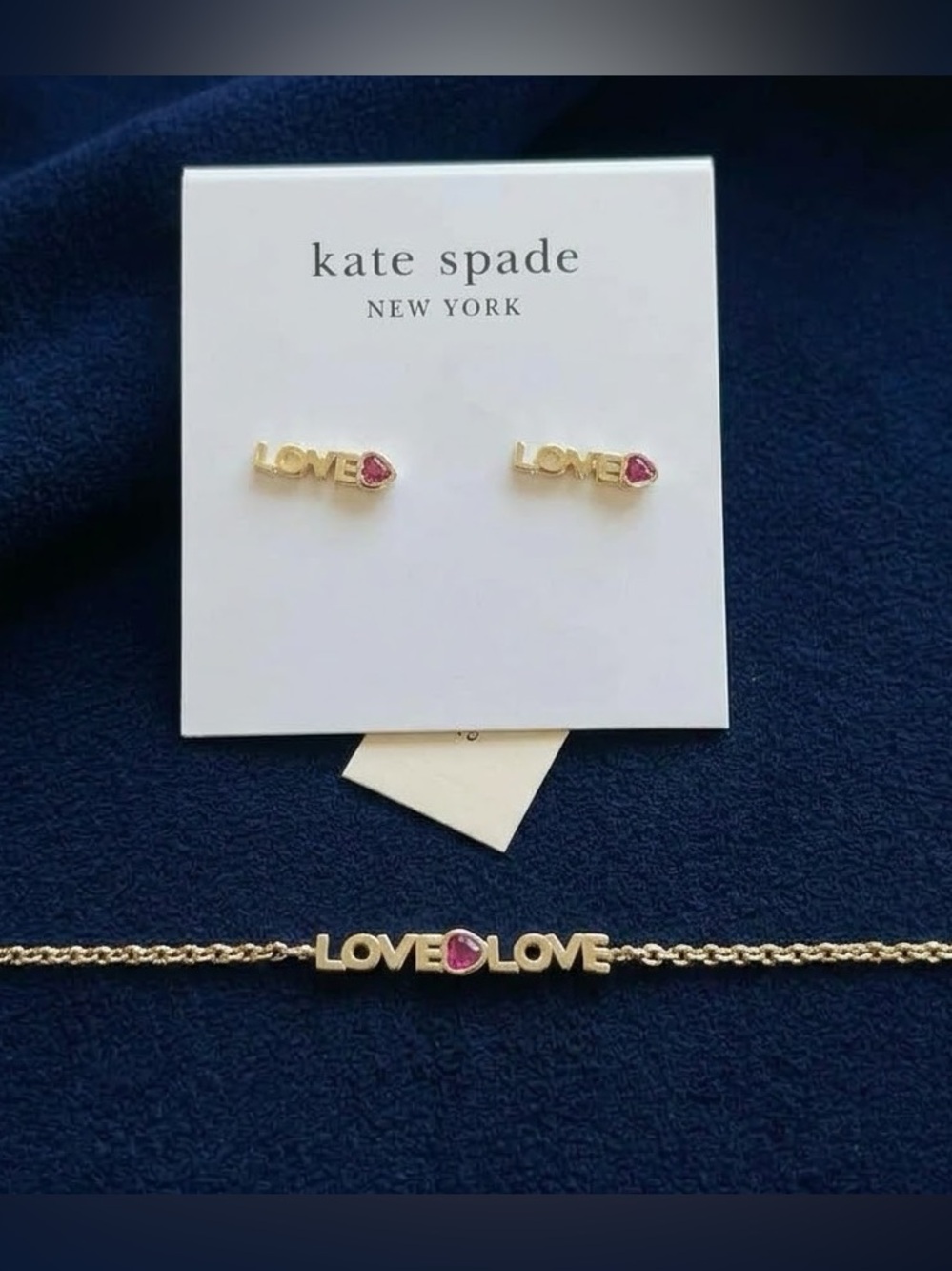 kate spade gold LOVE bracelet and stud earring set
